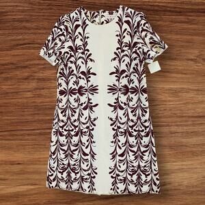 NWT Tory Burch Ponte Knit Symphony Brushstroke Shift Dress Cream Burgundy Large